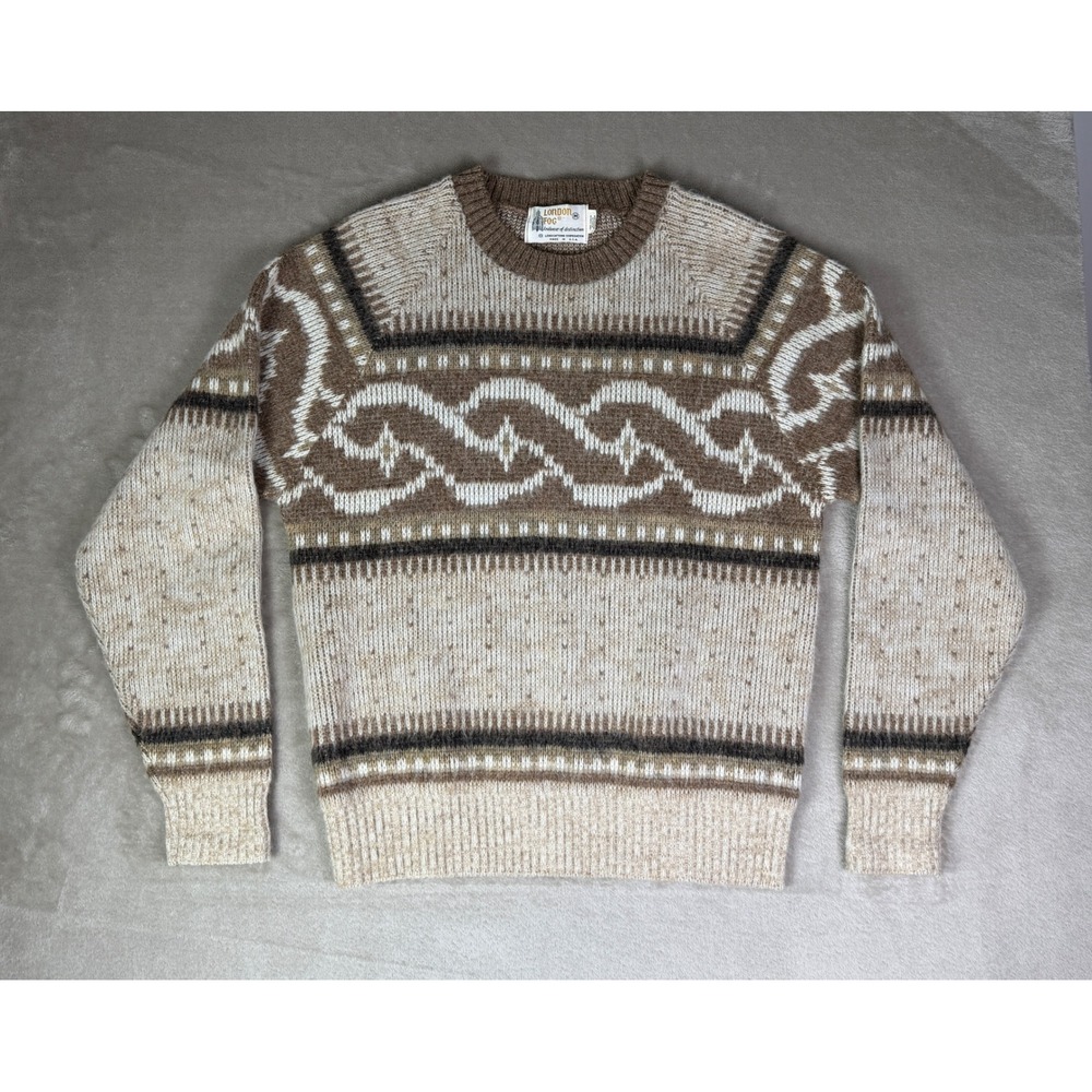 Vintage London Fog Womens‎ Medium Brown Tan Fair Isle Nordic Acrylic Sweater USA